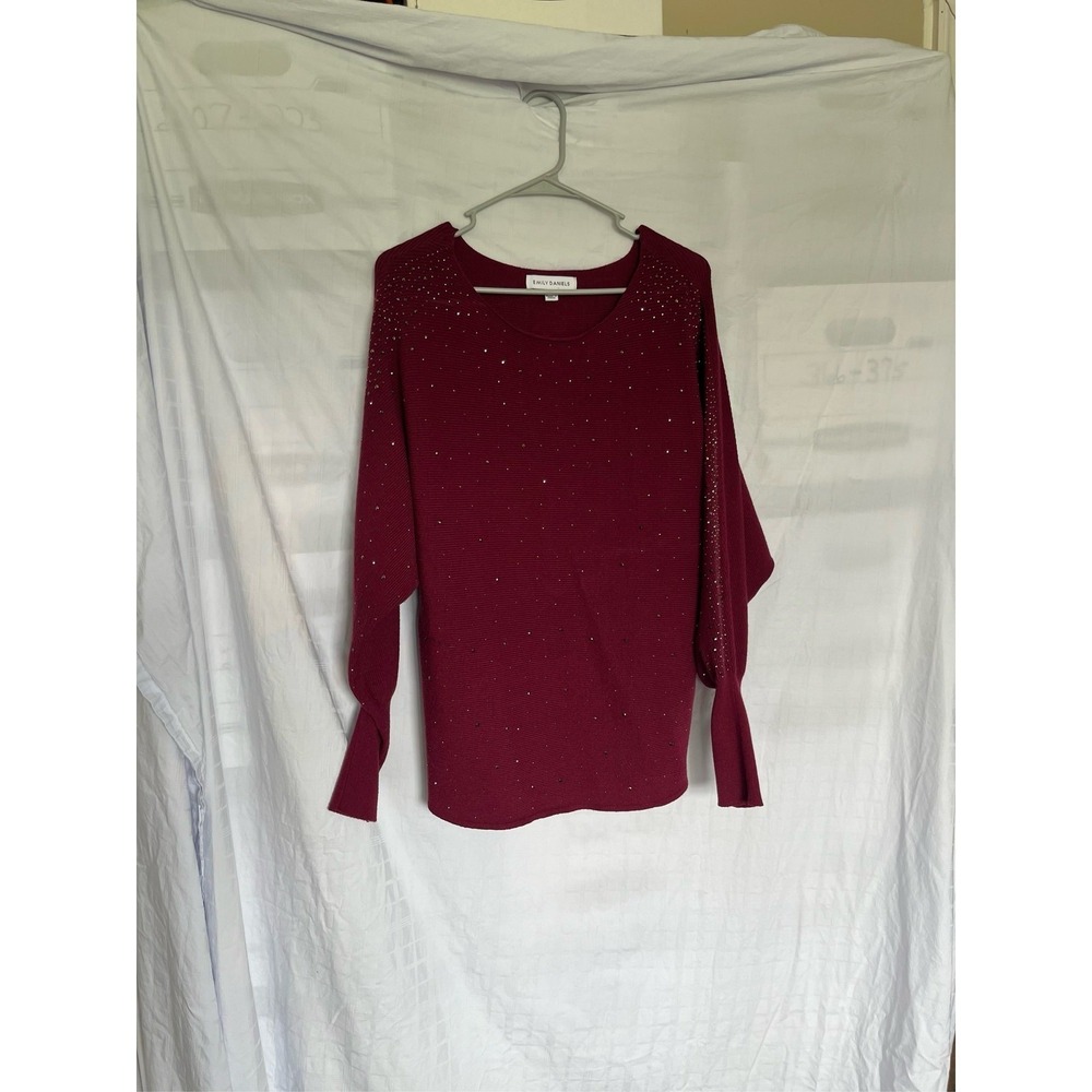 Emily Daniels Burgundy Sweater Women‎ Batwing Sleeve Rhinestone Knit Sz L